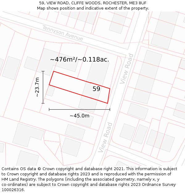 59, VIEW ROAD, CLIFFE WOODS, ROCHESTER, ME3 8UF: Plot and title map