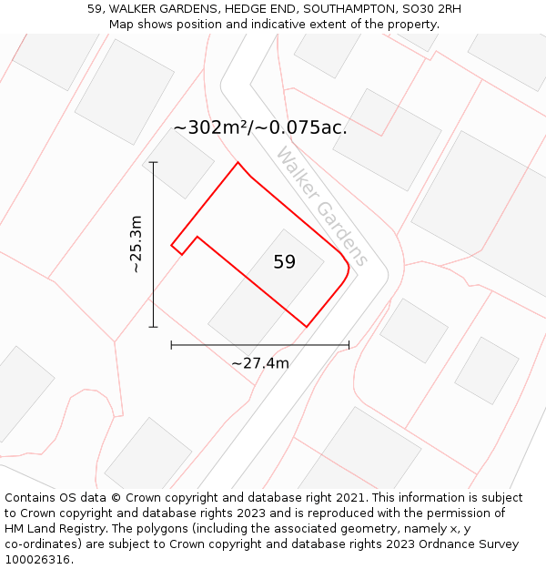 59, WALKER GARDENS, HEDGE END, SOUTHAMPTON, SO30 2RH: Plot and title map