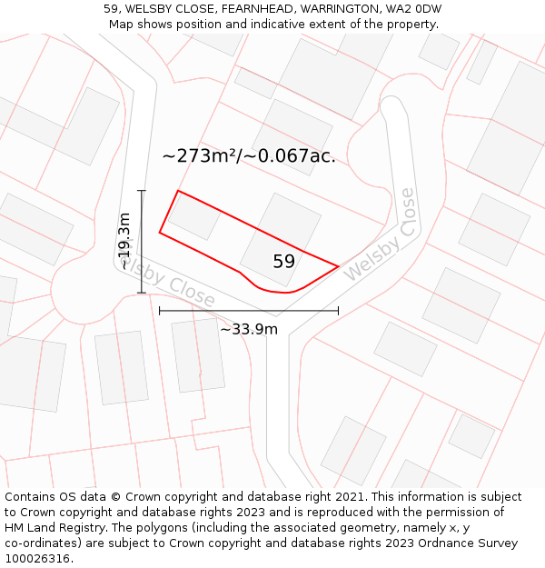 59, WELSBY CLOSE, FEARNHEAD, WARRINGTON, WA2 0DW: Plot and title map