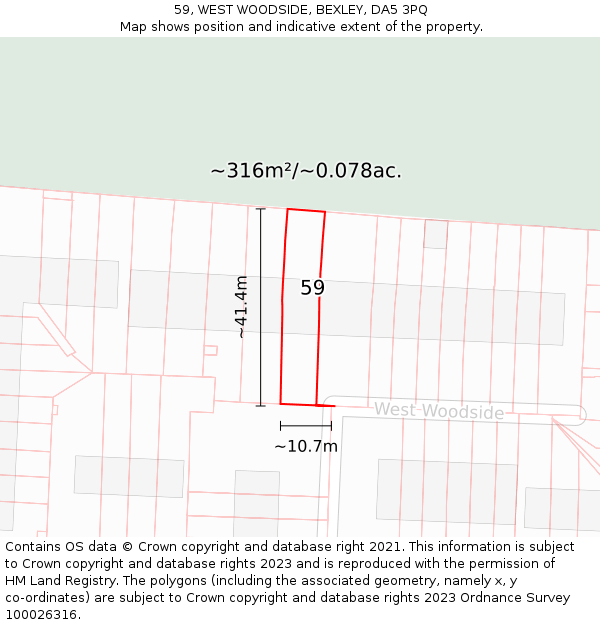 59, WEST WOODSIDE, BEXLEY, DA5 3PQ: Plot and title map