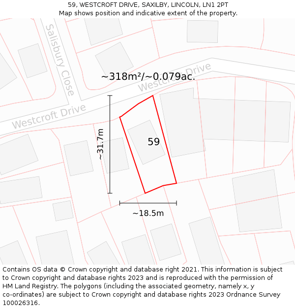 59, WESTCROFT DRIVE, SAXILBY, LINCOLN, LN1 2PT: Plot and title map