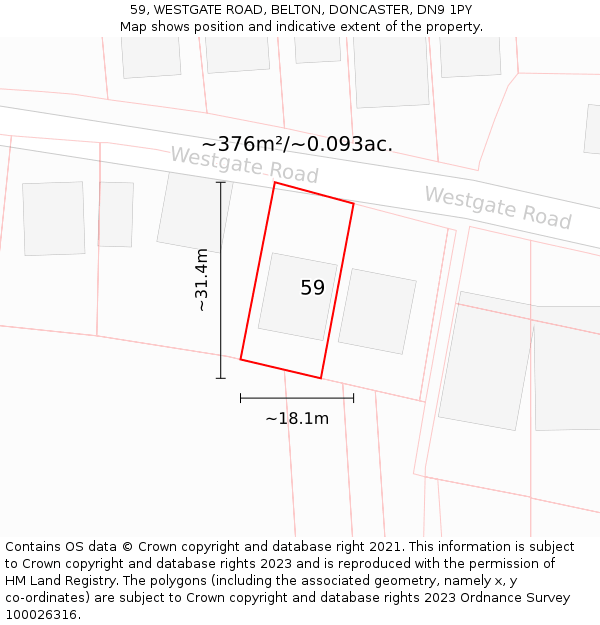 59, WESTGATE ROAD, BELTON, DONCASTER, DN9 1PY: Plot and title map