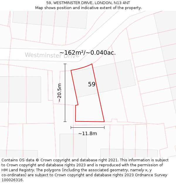 59, WESTMINSTER DRIVE, LONDON, N13 4NT: Plot and title map