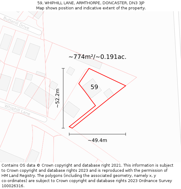 59, WHIPHILL LANE, ARMTHORPE, DONCASTER, DN3 3JP: Plot and title map