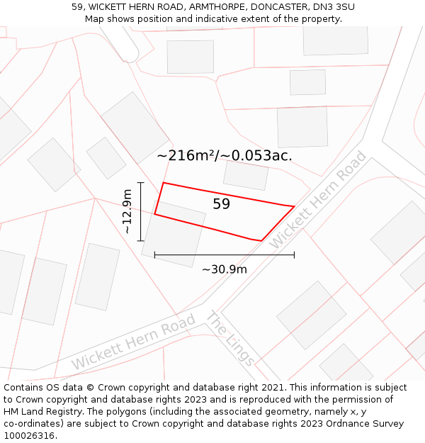 59, WICKETT HERN ROAD, ARMTHORPE, DONCASTER, DN3 3SU: Plot and title map