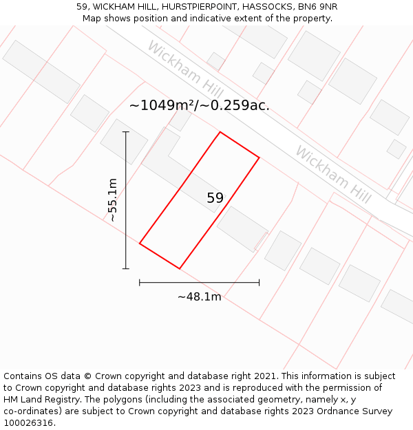 59, WICKHAM HILL, HURSTPIERPOINT, HASSOCKS, BN6 9NR: Plot and title map