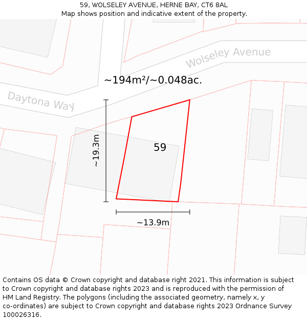59, WOLSELEY AVENUE, HERNE BAY, CT6 8AL: Plot and title map