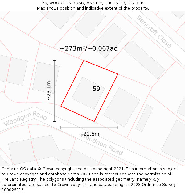 59, WOODGON ROAD, ANSTEY, LEICESTER, LE7 7ER: Plot and title map
