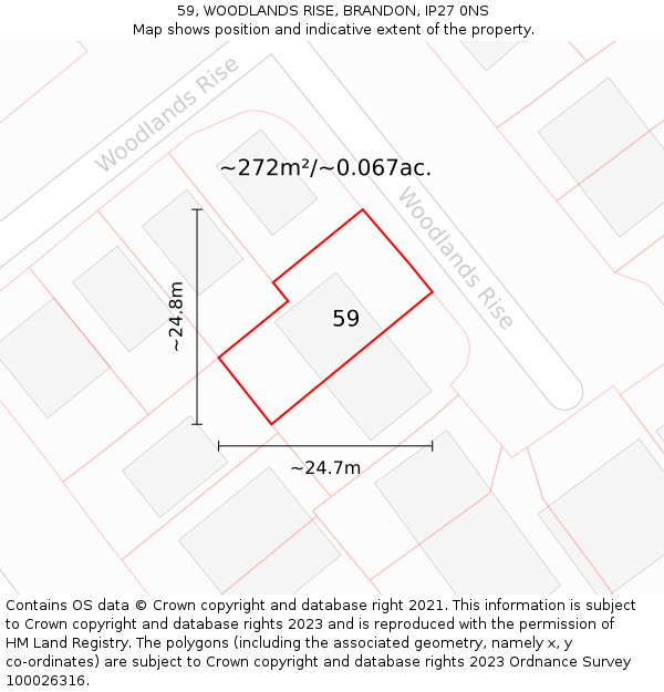 59, WOODLANDS RISE, BRANDON, IP27 0NS: Plot and title map