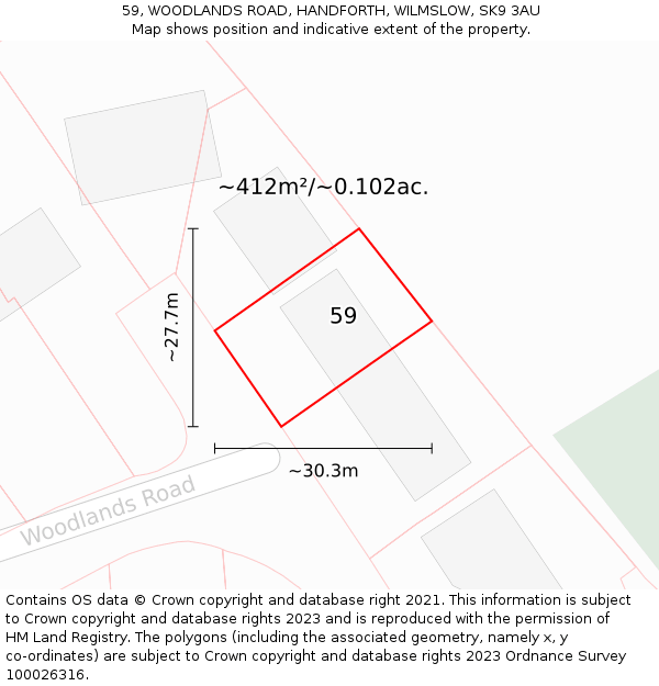 59, WOODLANDS ROAD, HANDFORTH, WILMSLOW, SK9 3AU: Plot and title map