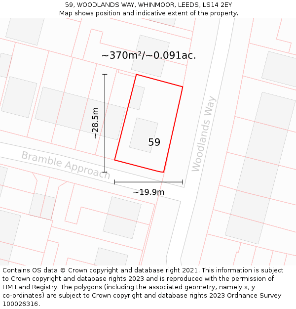 59, WOODLANDS WAY, WHINMOOR, LEEDS, LS14 2EY: Plot and title map