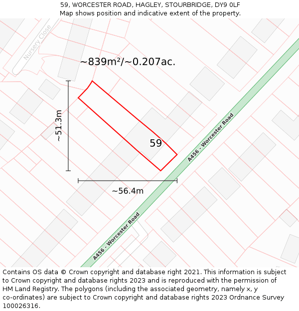 59, WORCESTER ROAD, HAGLEY, STOURBRIDGE, DY9 0LF: Plot and title map