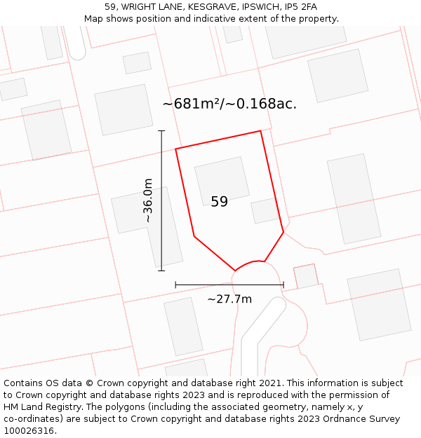 59, WRIGHT LANE, KESGRAVE, IPSWICH, IP5 2FA: Plot and title map