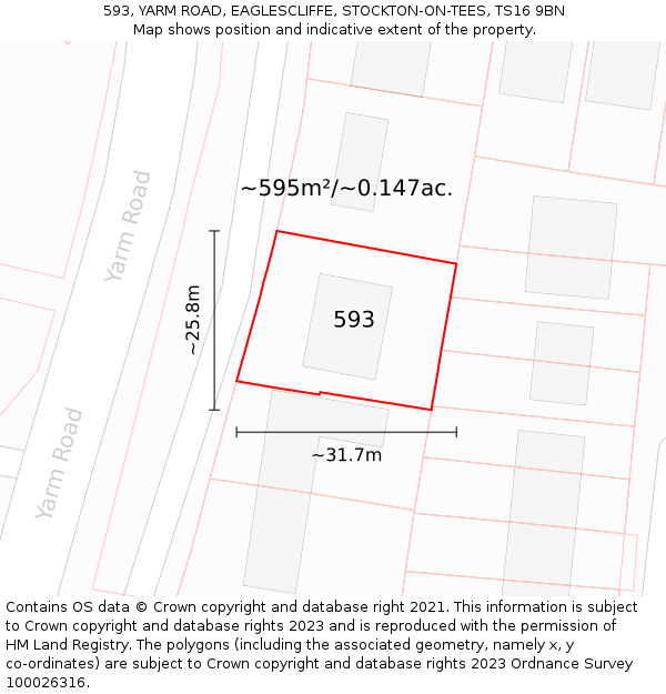 593, YARM ROAD, EAGLESCLIFFE, STOCKTON-ON-TEES, TS16 9BN: Plot and title map