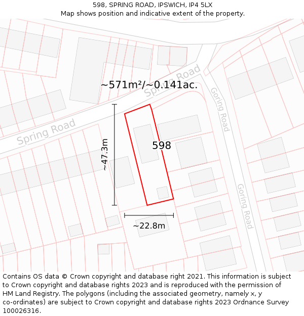 598, SPRING ROAD, IPSWICH, IP4 5LX: Plot and title map