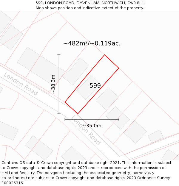 599, LONDON ROAD, DAVENHAM, NORTHWICH, CW9 8LH: Plot and title map