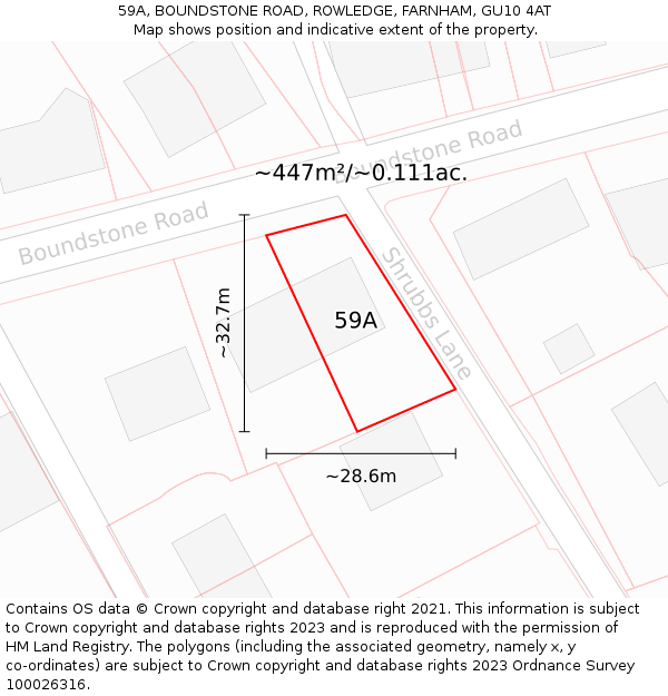59A, BOUNDSTONE ROAD, ROWLEDGE, FARNHAM, GU10 4AT: Plot and title map