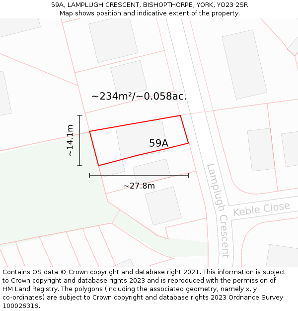59A, LAMPLUGH CRESCENT, BISHOPTHORPE, YORK, YO23 2SR: Plot and title map