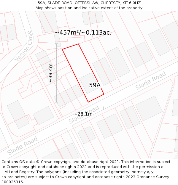59A, SLADE ROAD, OTTERSHAW, CHERTSEY, KT16 0HZ: Plot and title map