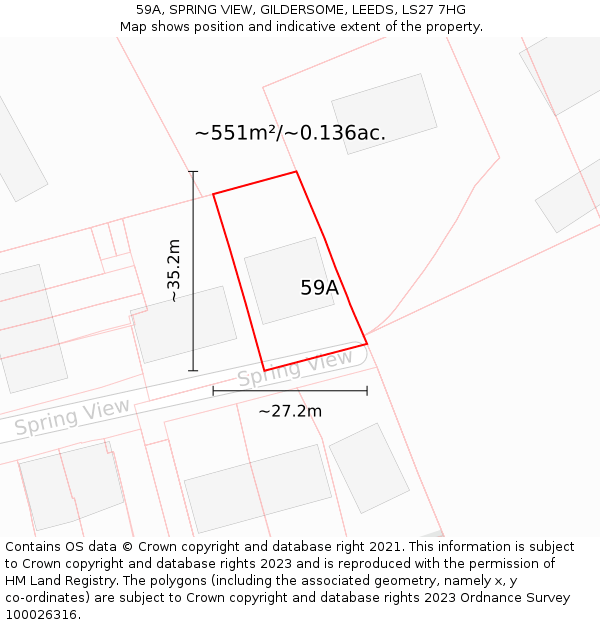 59A, SPRING VIEW, GILDERSOME, LEEDS, LS27 7HG: Plot and title map