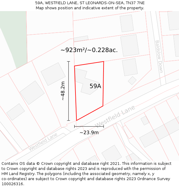 59A, WESTFIELD LANE, ST LEONARDS-ON-SEA, TN37 7NE: Plot and title map