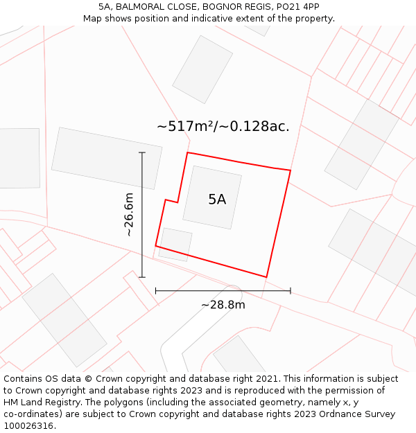 5A, BALMORAL CLOSE, BOGNOR REGIS, PO21 4PP: Plot and title map