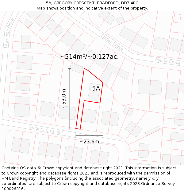 5A, GREGORY CRESCENT, BRADFORD, BD7 4PG: Plot and title map