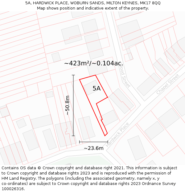 5A, HARDWICK PLACE, WOBURN SANDS, MILTON KEYNES, MK17 8QQ: Plot and title map
