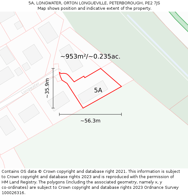 5A, LONGWATER, ORTON LONGUEVILLE, PETERBOROUGH, PE2 7JS: Plot and title map