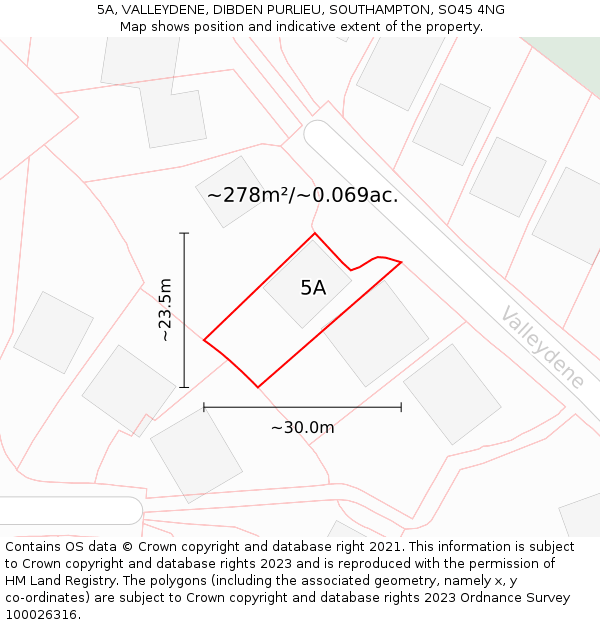 5A, VALLEYDENE, DIBDEN PURLIEU, SOUTHAMPTON, SO45 4NG: Plot and title map