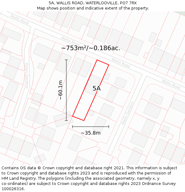 5A, WALLIS ROAD, WATERLOOVILLE, PO7 7RX: Plot and title map