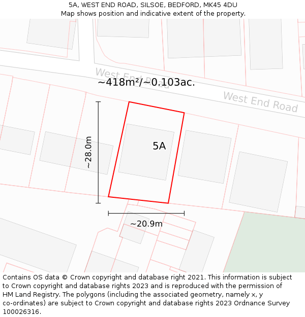 5A, WEST END ROAD, SILSOE, BEDFORD, MK45 4DU: Plot and title map