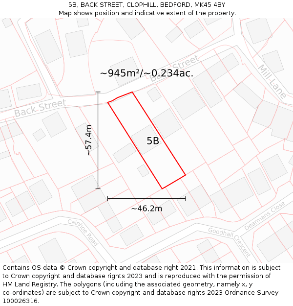 5B, BACK STREET, CLOPHILL, BEDFORD, MK45 4BY: Plot and title map