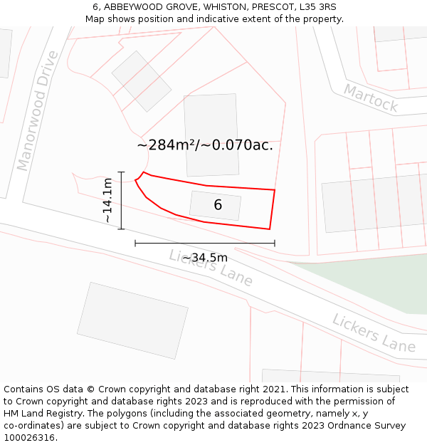 6, ABBEYWOOD GROVE, WHISTON, PRESCOT, L35 3RS: Plot and title map