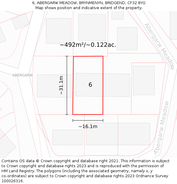 6, ABERGARW MEADOW, BRYNMENYN, BRIDGEND, CF32 8YG: Plot and title map