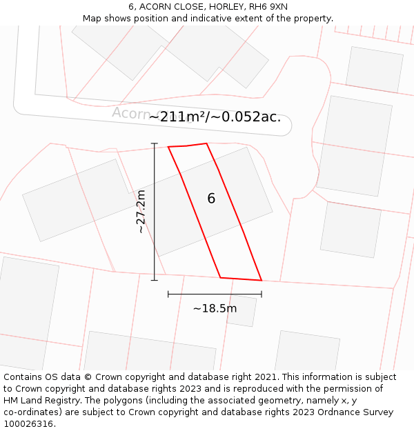 6, ACORN CLOSE, HORLEY, RH6 9XN: Plot and title map
