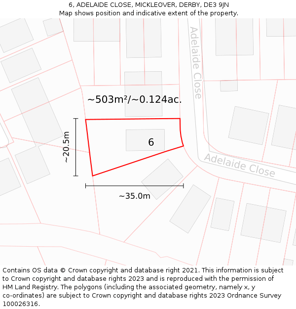 6, ADELAIDE CLOSE, MICKLEOVER, DERBY, DE3 9JN: Plot and title map