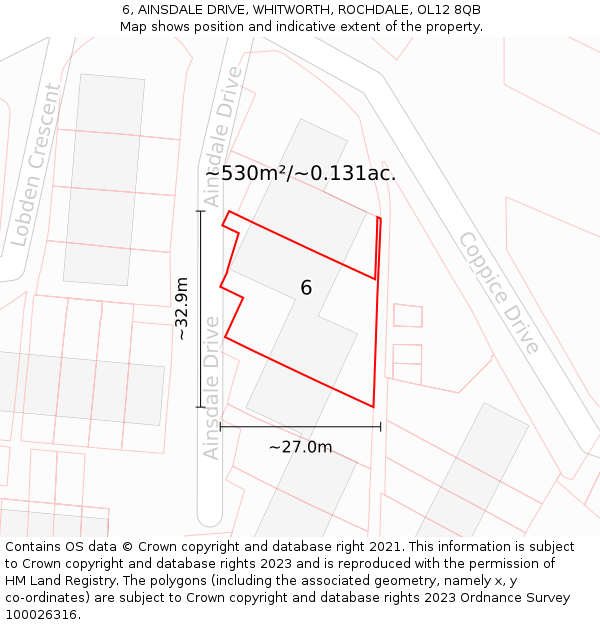 6, AINSDALE DRIVE, WHITWORTH, ROCHDALE, OL12 8QB: Plot and title map