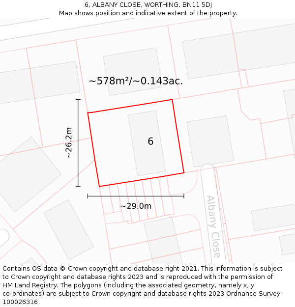 6, ALBANY CLOSE, WORTHING, BN11 5DJ: Plot and title map