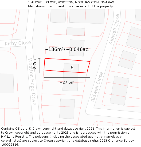 6, ALDWELL CLOSE, WOOTTON, NORTHAMPTON, NN4 6AX: Plot and title map