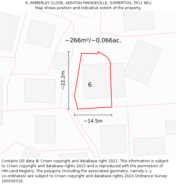 6, AMBERLEY CLOSE, KEINTON MANDEVILLE, SOMERTON, TA11 6EU: Plot and title map
