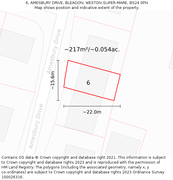 6, AMESBURY DRIVE, BLEADON, WESTON-SUPER-MARE, BS24 0PN: Plot and title map