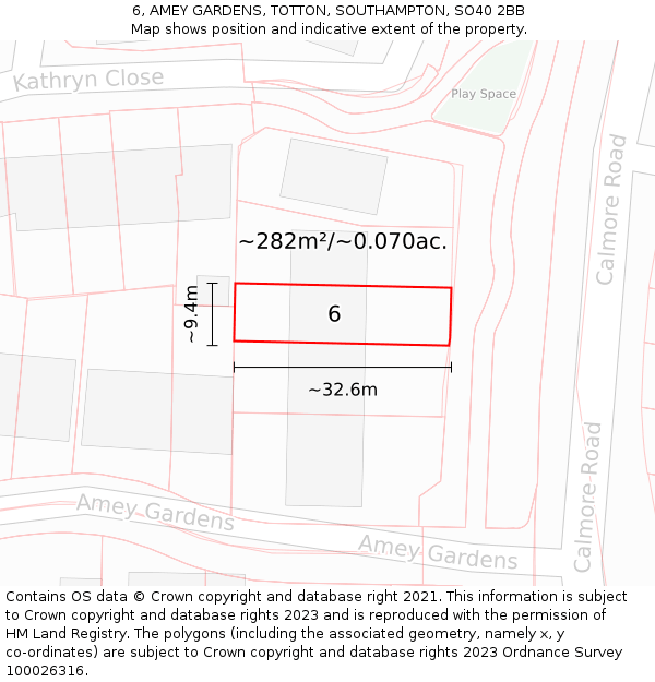 6, AMEY GARDENS, TOTTON, SOUTHAMPTON, SO40 2BB: Plot and title map