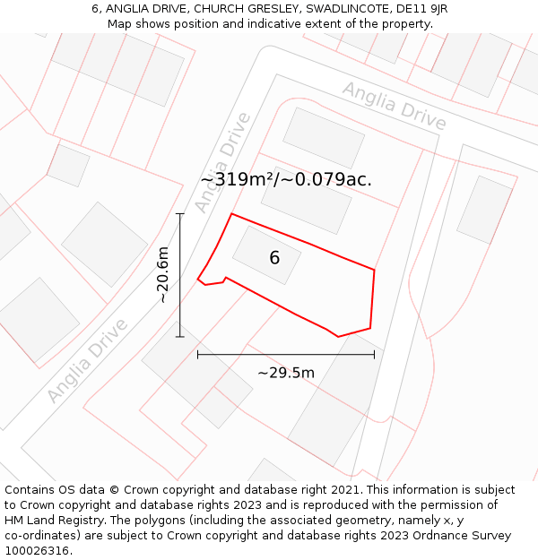 6, ANGLIA DRIVE, CHURCH GRESLEY, SWADLINCOTE, DE11 9JR: Plot and title map