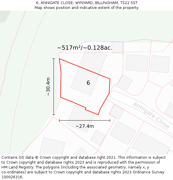 6, ANNIGATE CLOSE, WYNYARD, BILLINGHAM, TS22 5ST: Plot and title map