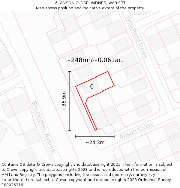 6, ANSON CLOSE, WIDNES, WA8 9BT: Plot and title map