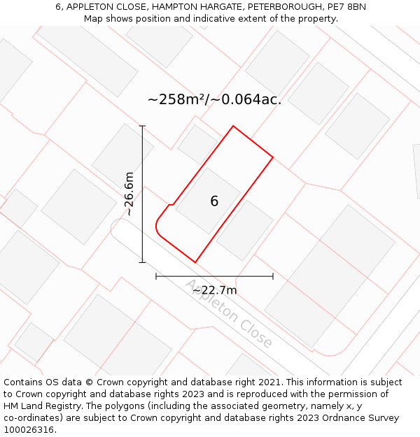 6, APPLETON CLOSE, HAMPTON HARGATE, PETERBOROUGH, PE7 8BN: Plot and title map