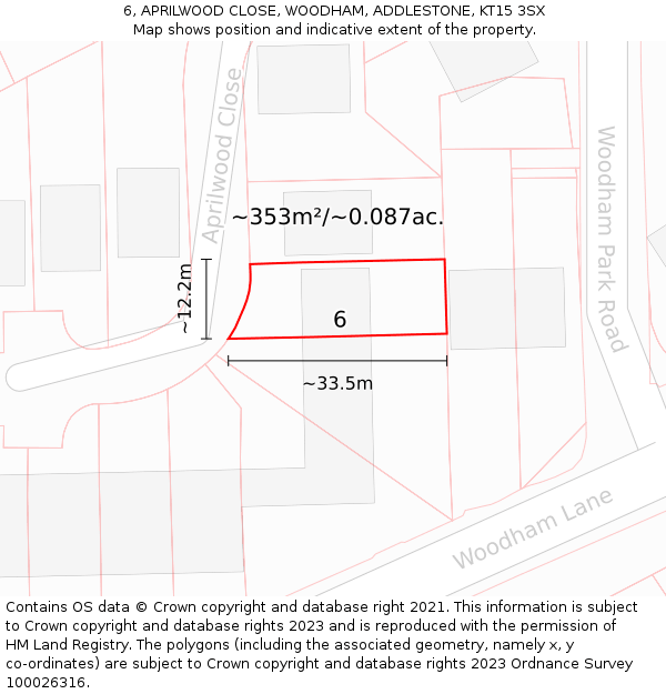 6, APRILWOOD CLOSE, WOODHAM, ADDLESTONE, KT15 3SX: Plot and title map