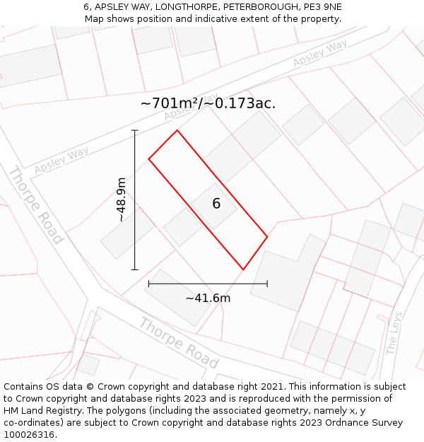 6, APSLEY WAY, LONGTHORPE, PETERBOROUGH, PE3 9NE: Plot and title map