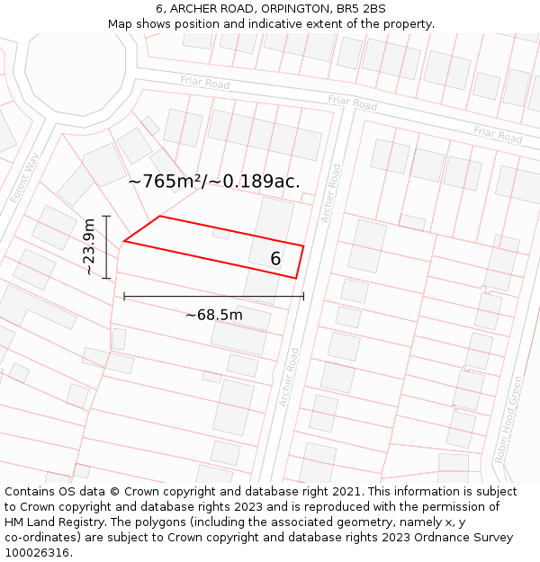 6, ARCHER ROAD, ORPINGTON, BR5 2BS: Plot and title map